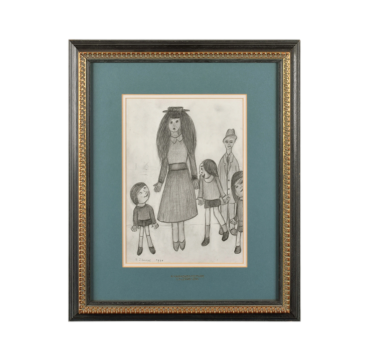 A framed illustration of a woman with children, capturing a moment of affection and familial connection.