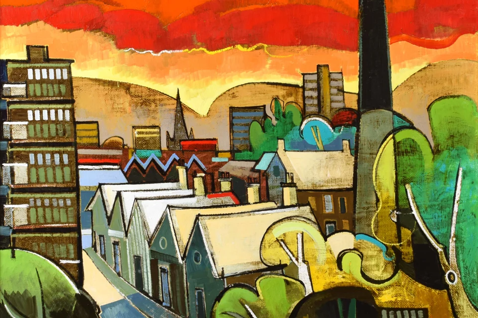 Geoffrey Key, Mill Town with Red Sky.jpg