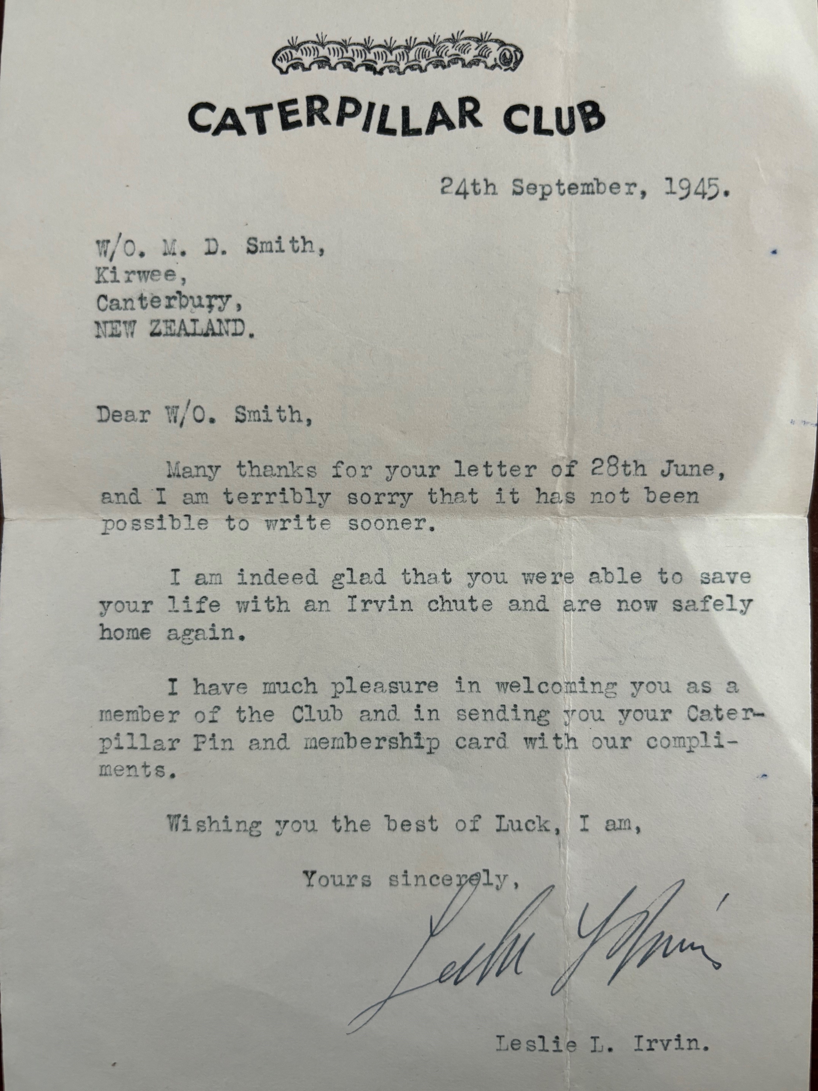 Caterpillar Club letter