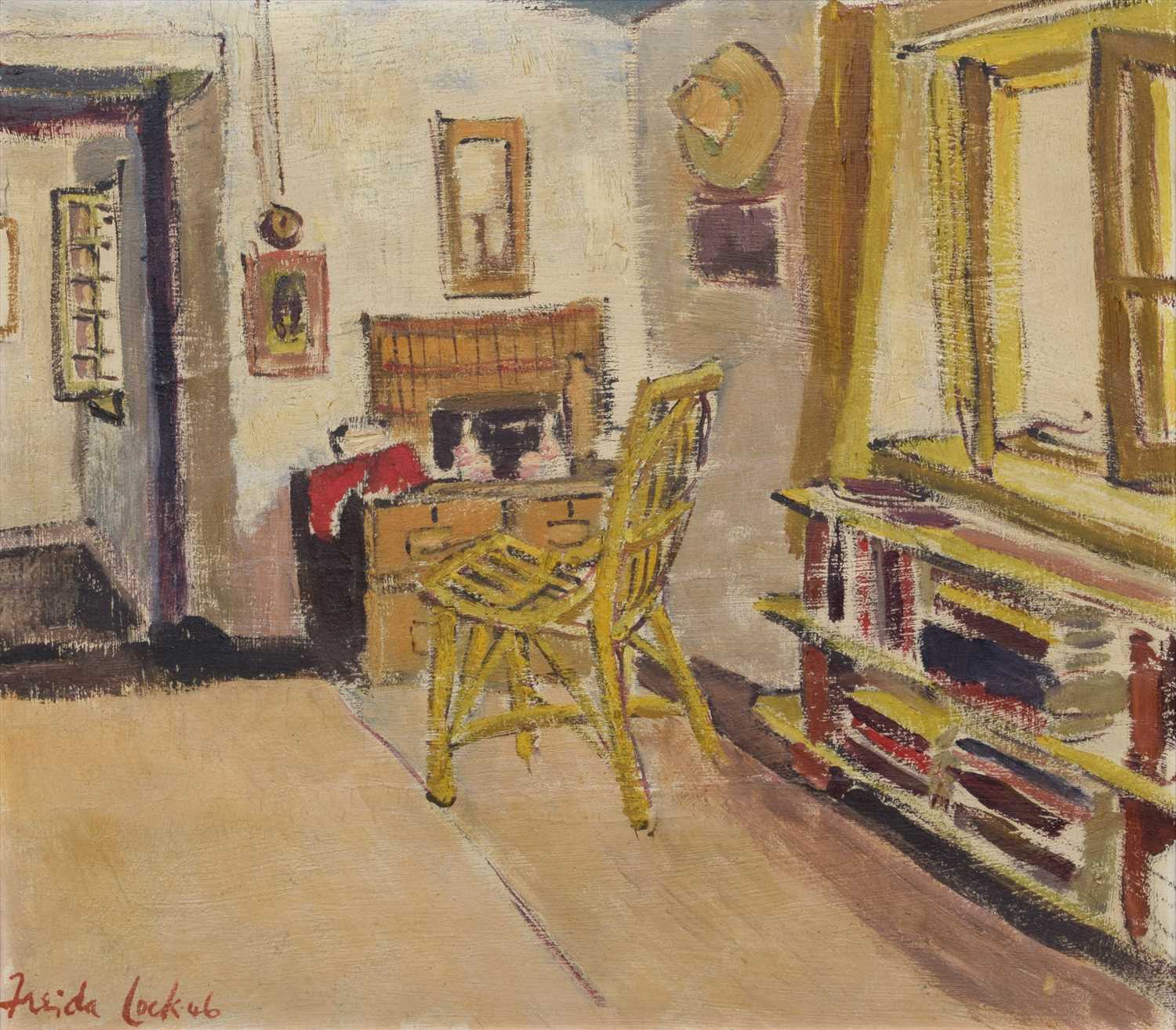 A painting depicting a cozy room featuring a wooden chair and a filled bookshelf against a softly coloured wall.