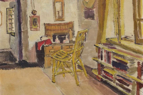 A painting depicting a cozy room featuring a wooden chair and a filled bookshelf against a softly coloured wall.