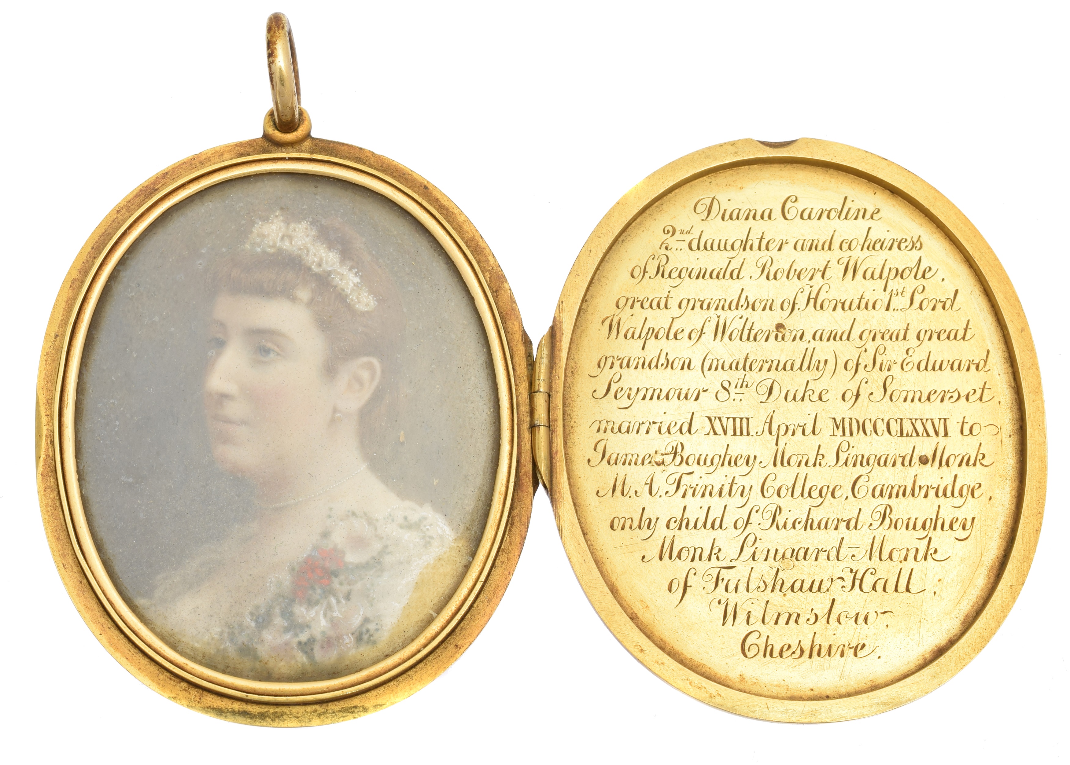 A late Victorian 18ct gold photograph miniature locket, the oval shape hinged locket with engraved with monogram, cartouche and 'Diana' to front, and coat of arms to reverse, the locket opening to reveal a photograph miniature of Diana Caroline Walpole, with inscription reading 'Diana Caroline 2nd daughter and co-heiress of Reginald Robert Walpole, great grandson of Horatio 1st Lord Walpole of Walterton and great great grandson (maternally) of Sir Edward Seymour 8th Duke of Somerset. married XVIII April MDCCCLXXVI to James Boughey Monk Linguard Monk M.A, Trinity College, Cambridge, only child of Richard Boughey Monk Linguard-Monk of Fulshaw Hall, Wilmslow, Cheshire.' hallmarks for EK, London, 1881, length 6.7cm, gross weight 59.7g.