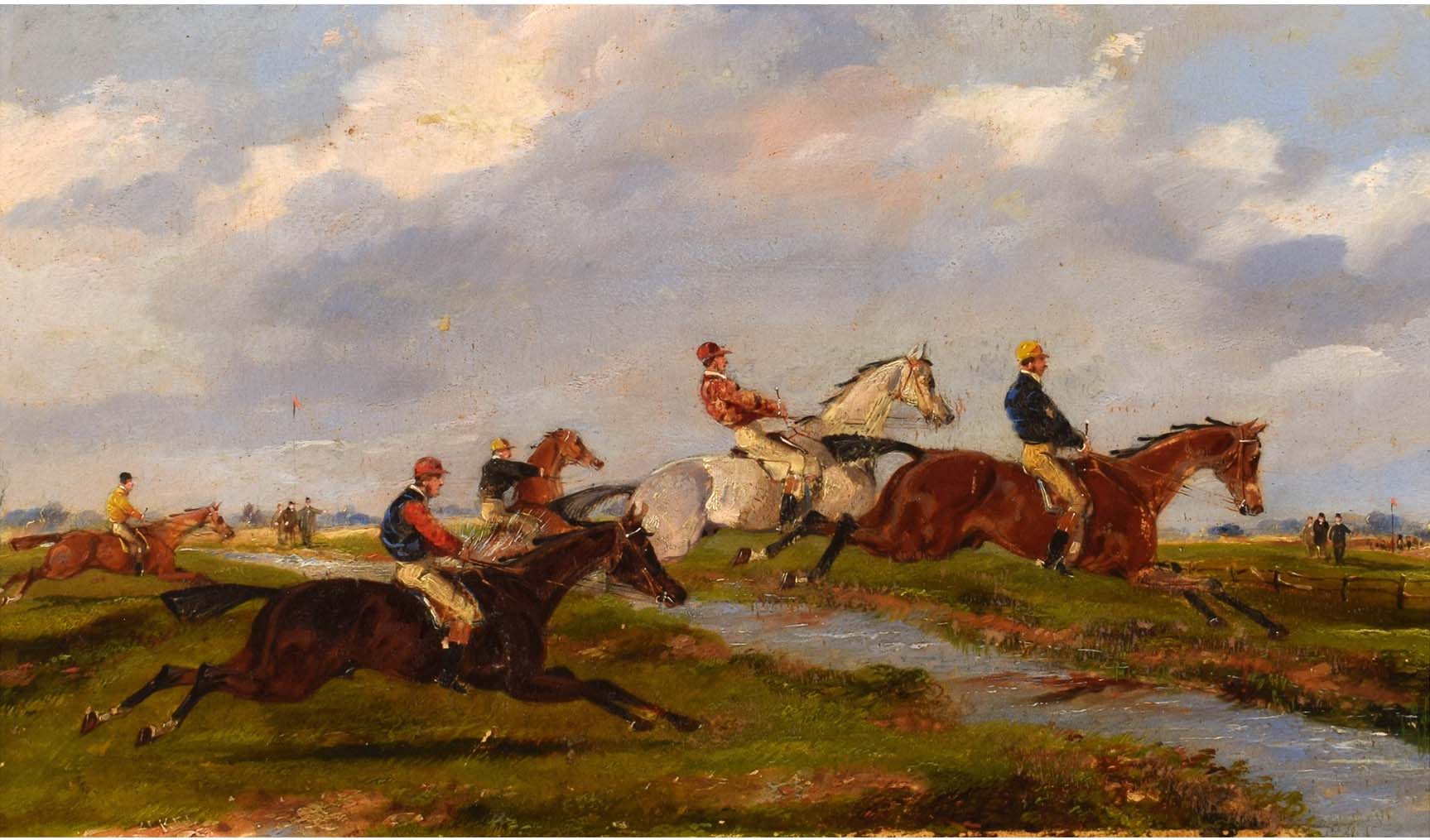 Painting of several jockeys on horseback jumping over a water obstacle in a field.