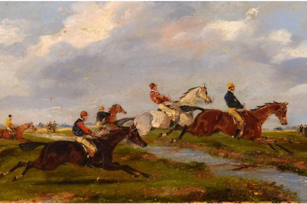 Painting of several jockeys on horseback jumping over a water obstacle in a field.