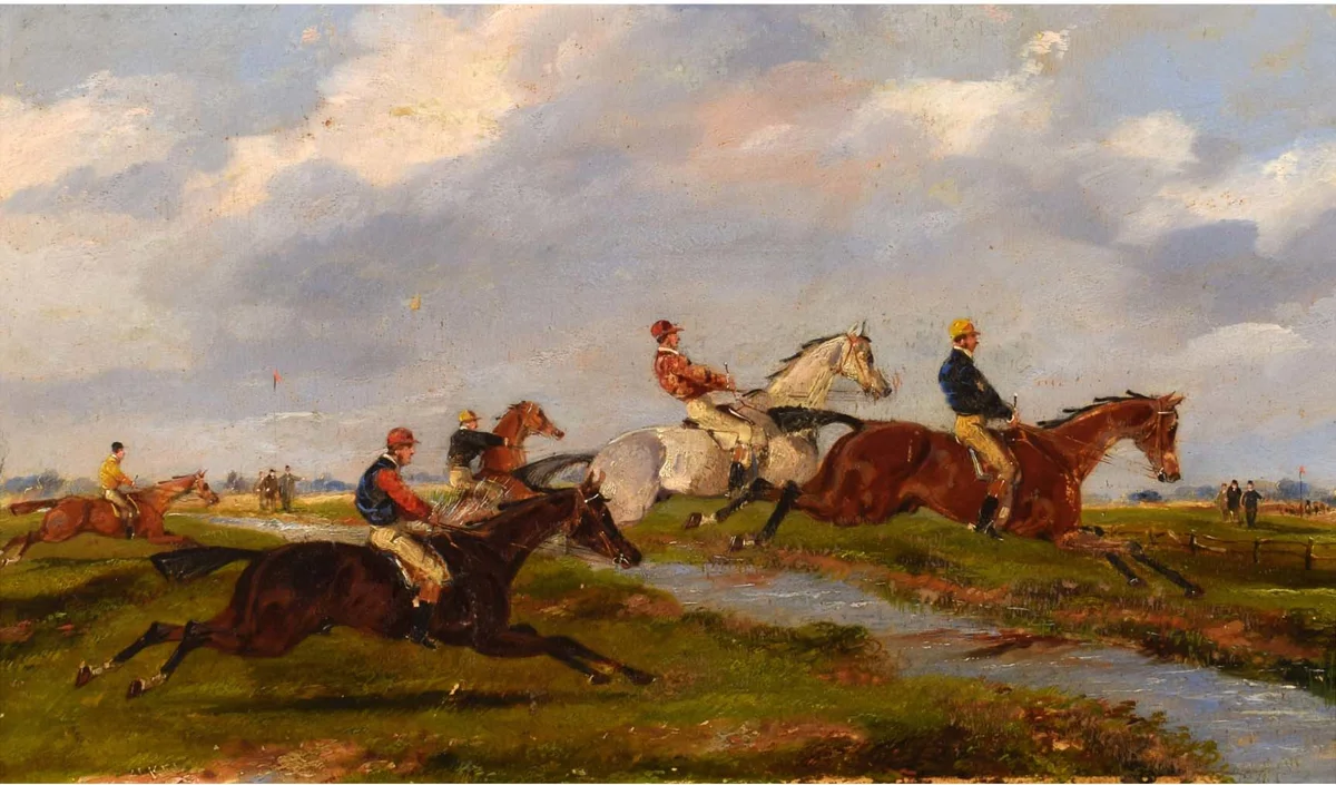 Painting of several jockeys on horseback jumping over a water obstacle in a field.