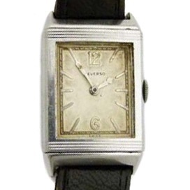 A 1930s stainless steel Jaeger-LeCoultre Reverso wristwatch, the rectangular signed silvered dial with arabic and dagger numerals, stainless case number: 5773, 35 x 22mm overall, Swiss 15-jewel movement serial: 223061, on leather strap.