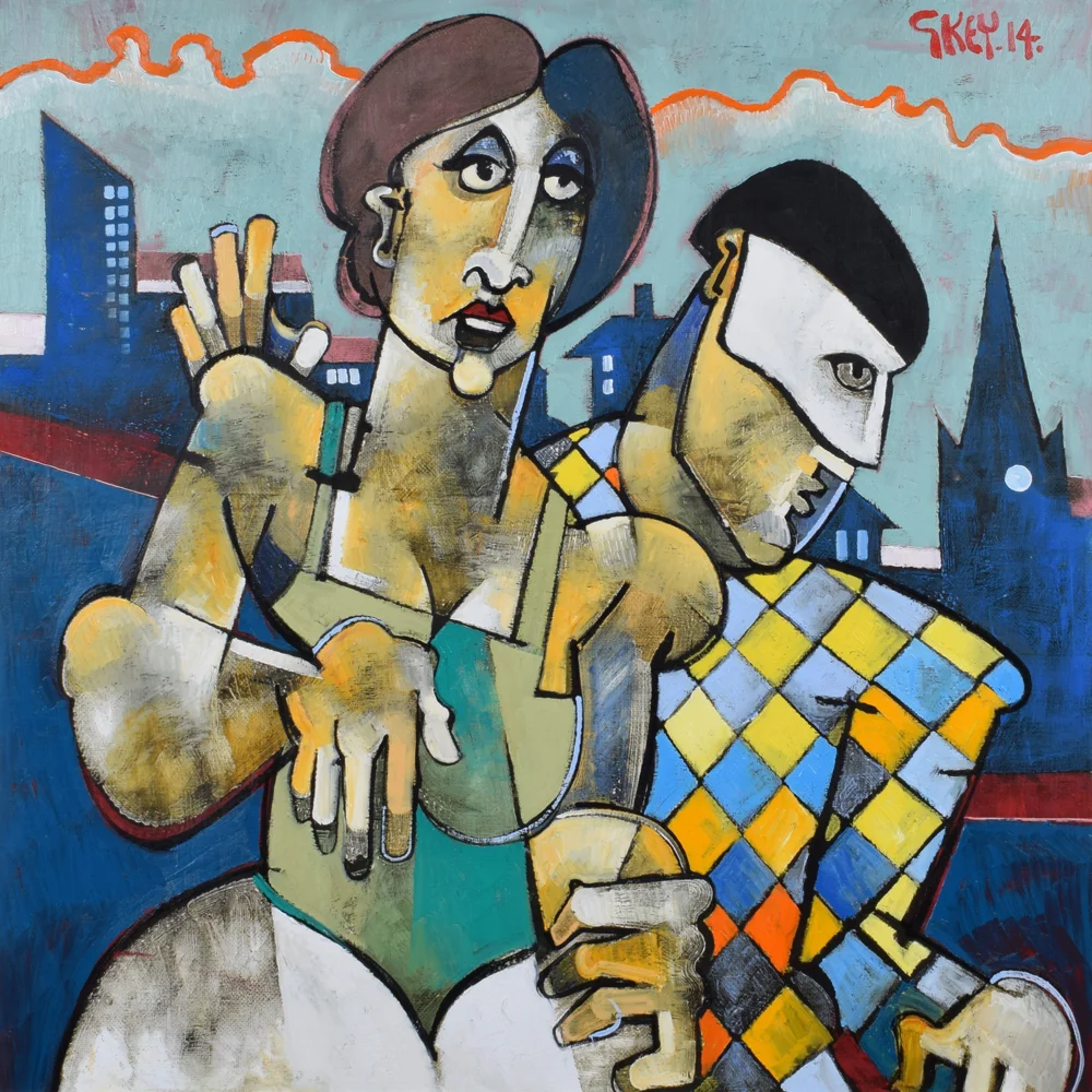 Cubist-style painting of a woman in a green top and a masked figure in a checkered outfit, standing before a stylized cityscape.