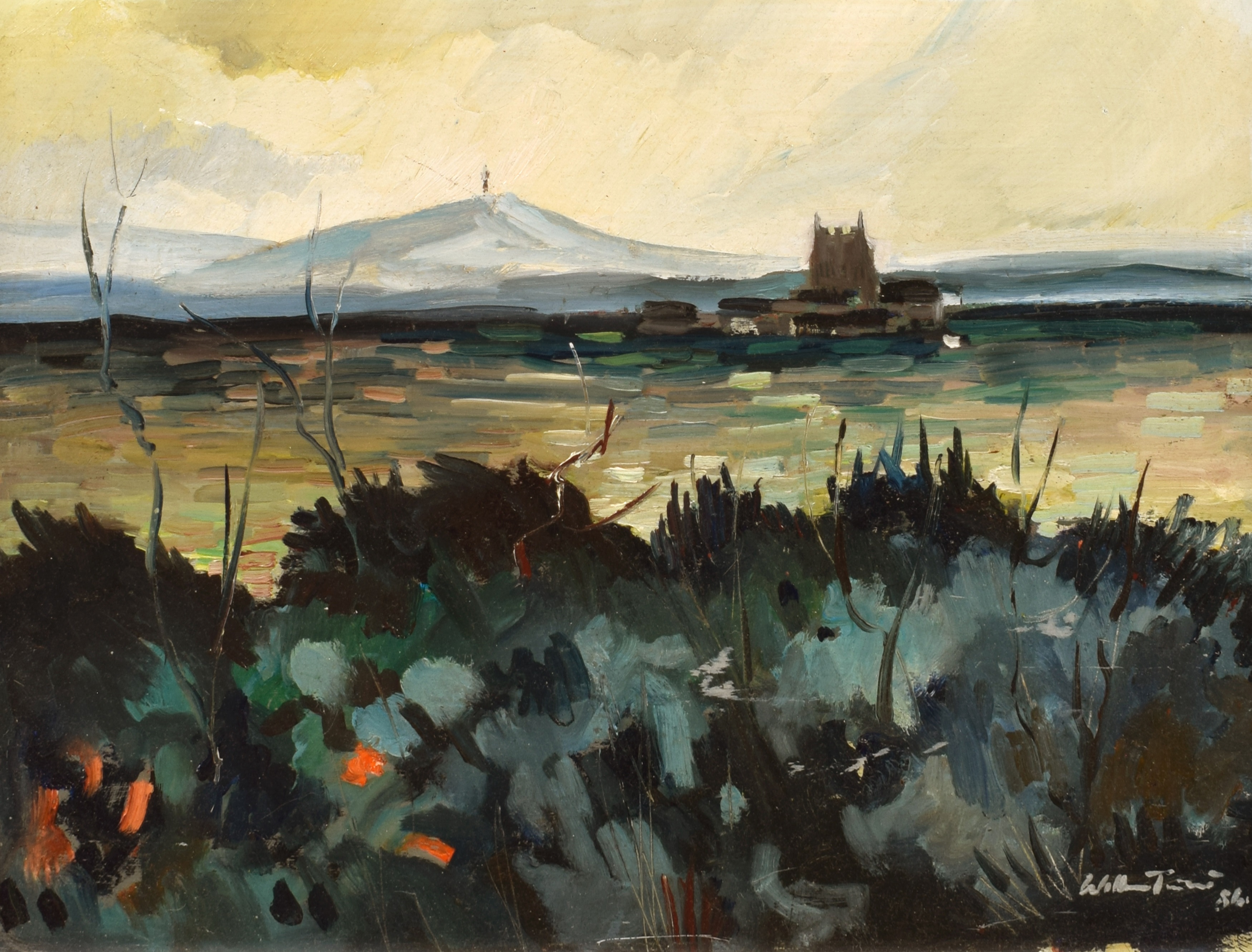 A picturesque landscape featuring a vibrant field and a small church visible in the background.
