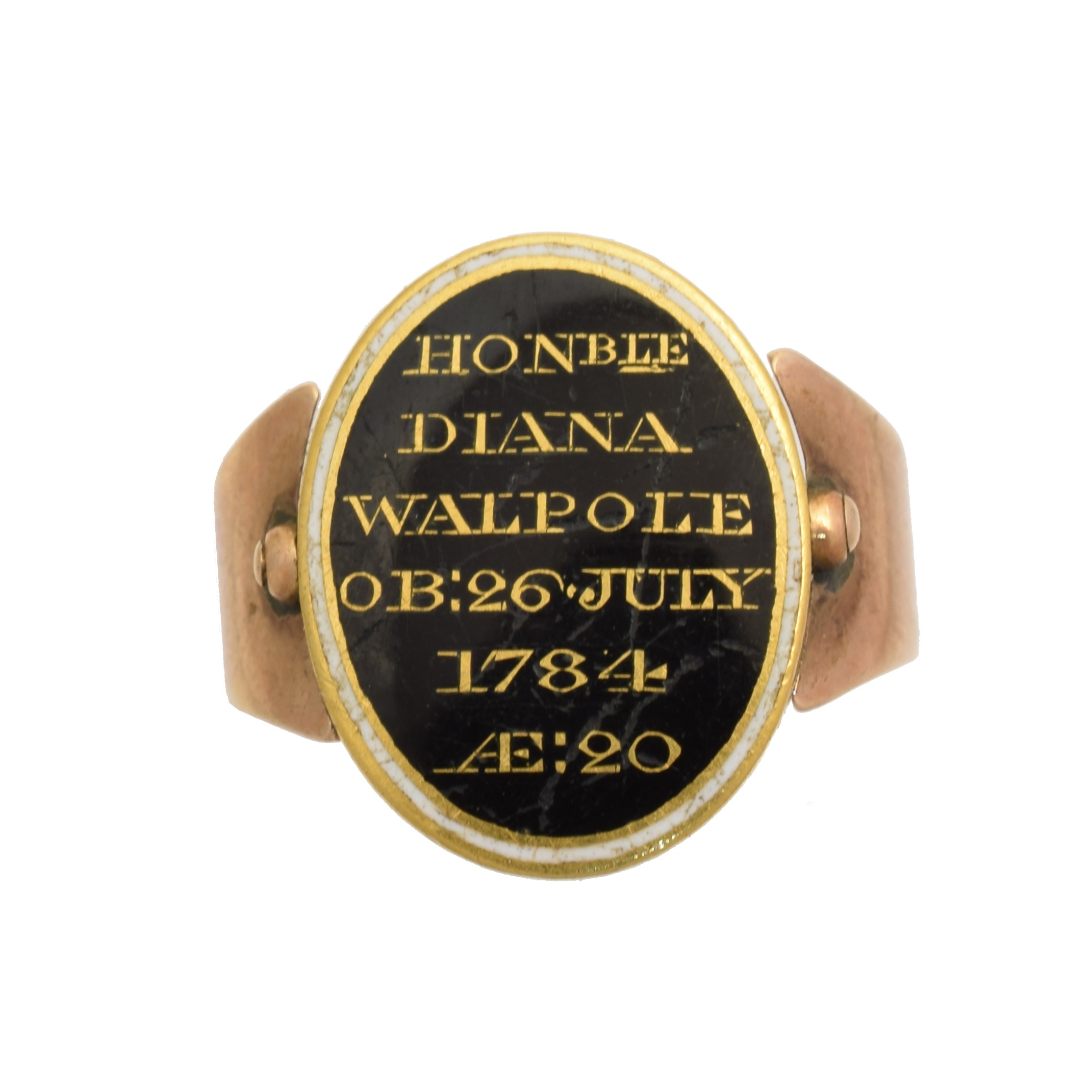 A George III swivel mourning ring, with black and enamel panel inscribed 'Honble Diana Walpole Ob:26 July 1784 Ae: 20' with hair panel to reverse, ring size H, gross weight 5.1g.     The Hon. Mrs. Diana Walpole, neé Grosset, married the Hon. Robert Walpole on 8th May 1780. Robert Walpole (1736 - 1810) was the fourth son of Horatio Walpole, 1st Baron Walpole of Wolterton, and nephew of Robert Walpole, 1st Earl of Orford, who is considered the de facto first Prime Minister of Great Britain.