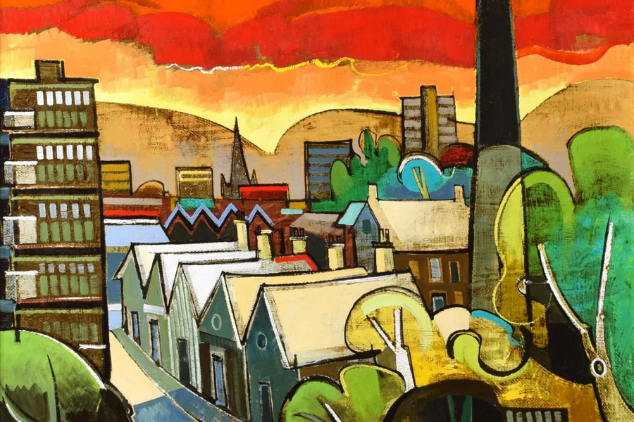 main-geoffrey key, mill town with red sky, medium