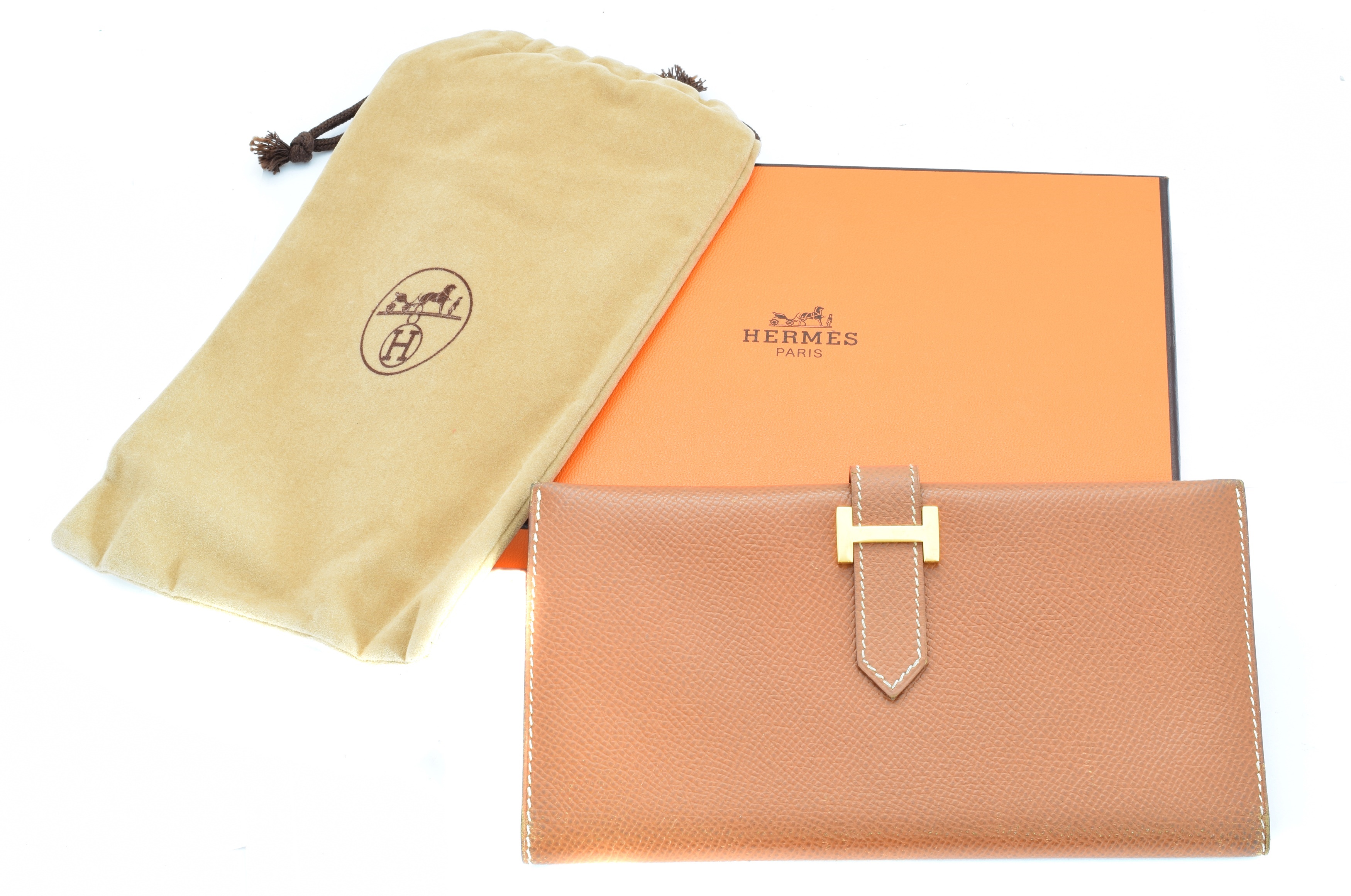 A Hermès Bearn wallet, circa 1998, the tan epsom leather exterior with cream stitching and gold hardware, date stamp B in square. With maker's pouch and box.