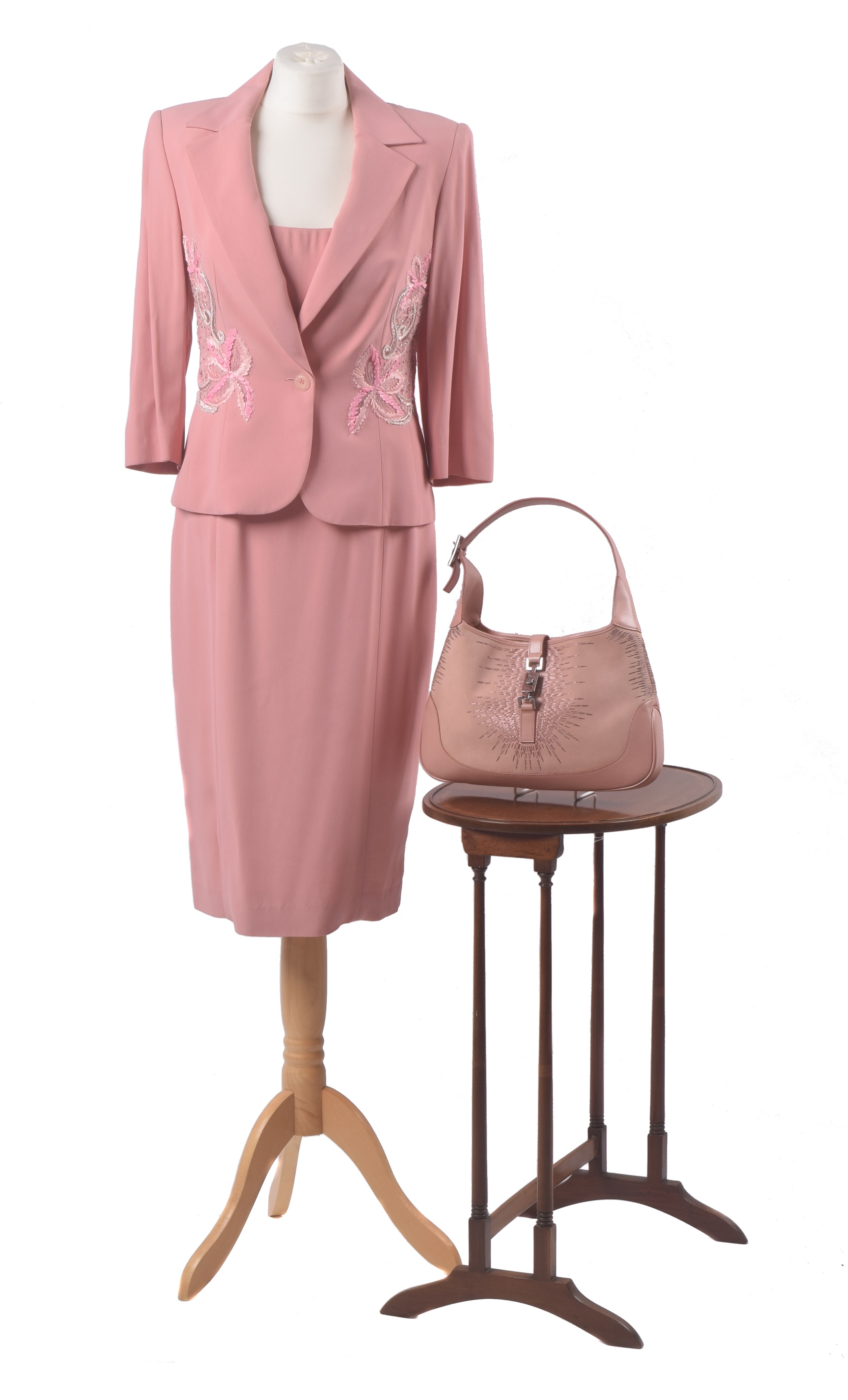 Gucci Jackie bag, pink embroidered suit